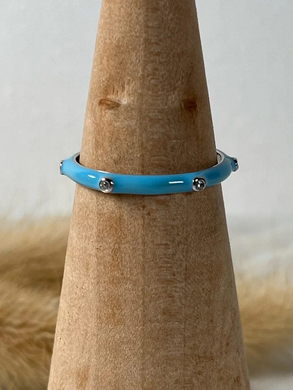 Rhodium Plated 925 Sterling Silver Turquoise Color Enamel Stacker Ring Size 7.25